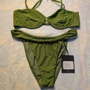 Olive Green Bikini Set with Underwire Top and Ruched Sides